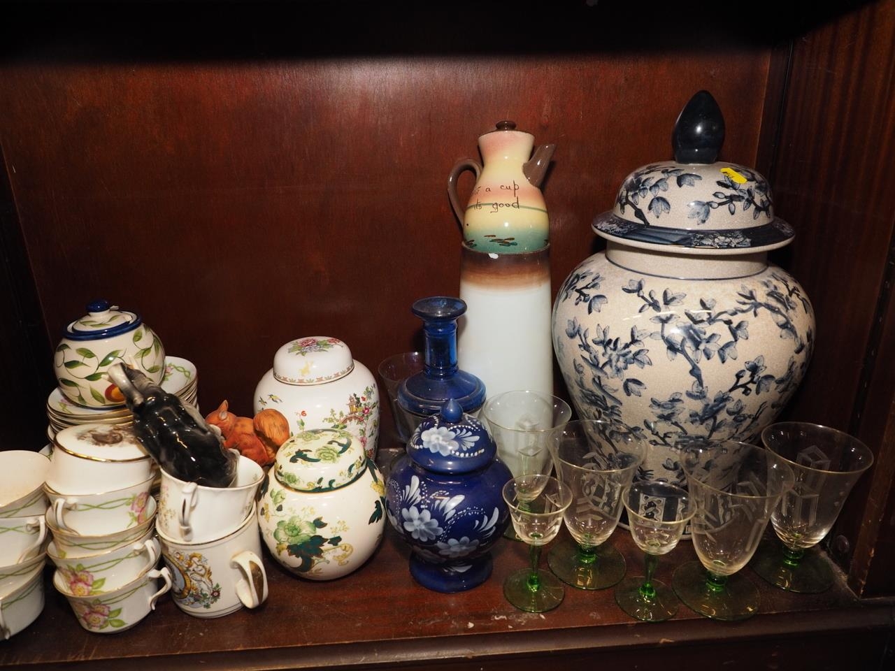 A Doulton Lambeth silicon vase, 5 1/4" high, a Paragon part teaset, an Oriental style crackle glazed