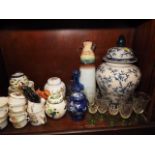 A Doulton Lambeth silicon vase, 5 1/4" high, a Paragon part teaset, an Oriental style crackle glazed