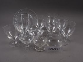 A matched set of six clear glass rummers, another similar rummer, a pair of Stuart sundae dishes and