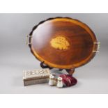 An Edwardian style mahogany and inlaid two-handled oval tea tray, a mother-of-pearl inlaid box and a