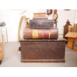 A stained pine box with carrying handles, 26" wide, two Victorian carved boxes, a leather topped box