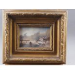 An oil on panel, winter landscape, 4 1/4" x 6 1/4", in deep gilt frame