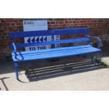 A pair of late 19th century wrought iron and wooden slatted garden benches, painted blue, 71" long