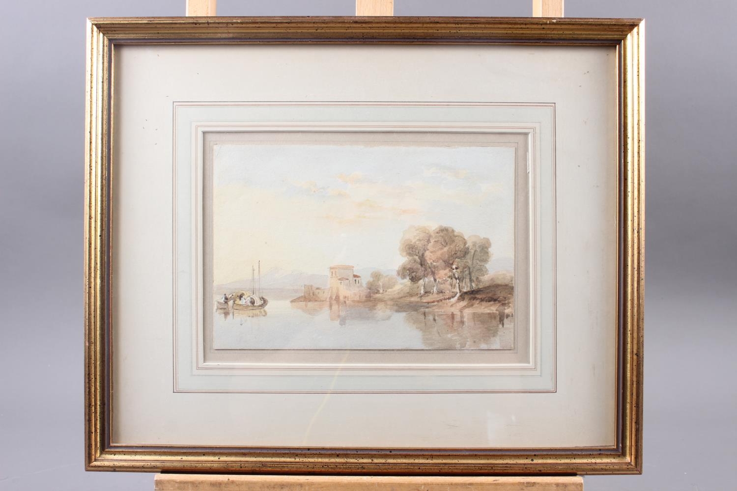 A 19th century watercolour, riverside with barges, 6" x 8 3/4", in wash line mount and gilt frame