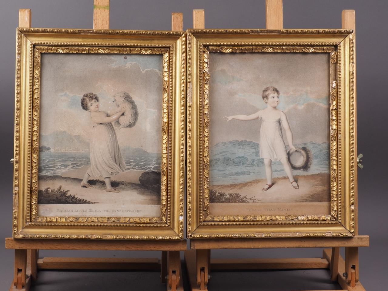 After Adam Buck: a pair of early 19th century hand-coloured engravings, children, in gilt frames