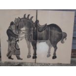 A Chinese monochrome diptych of a horse and figure, 52" x 71" overall, unframed