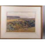 Harry Napper: watercolours, headland scene with sheep, 12 1/2" x 18", in wash line mount and gilt