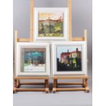 Julian Sutherland-Beatson: three acrylic paintings, town scenes, 8" x 8", in painted frames