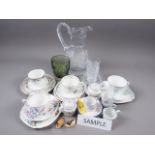 A suite of Czech cut glass, a green glass vase, bone china teacups and saucers, a group of painted