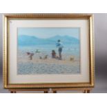 Stephen Jones: acrylics, "Family on the Beach at Dinas Dinlle", 14" x 19", in gilt strip frame