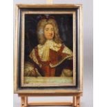 An 18th century hand-coloured print laid on glass, portrait of George II, in original Hogarth frame