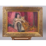 French School: oil on board, nude woman in boudoir, 12 1/4" x 18", in gilt patterned frame