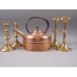 Two pairs of brass candlesticks and a copper kettle, 7" x 9" high