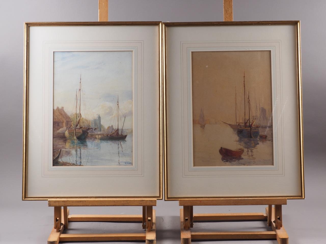 W Grant: a pair of early 20th century watercolours, harbour scenes, 13" x 9", in wash line mount and