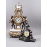 An Imperial reproduction brass and marble mantel clock flanked by fauns with a cream enamel dial and
