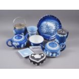 A 19th century Wedgwood, blue jasper dip teapot, a similar jug with pewter lid, and a number of