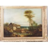 Warwick Broughes?: a 19th century oil on canvas, landscape with cattle, cottage and figures, 17" x