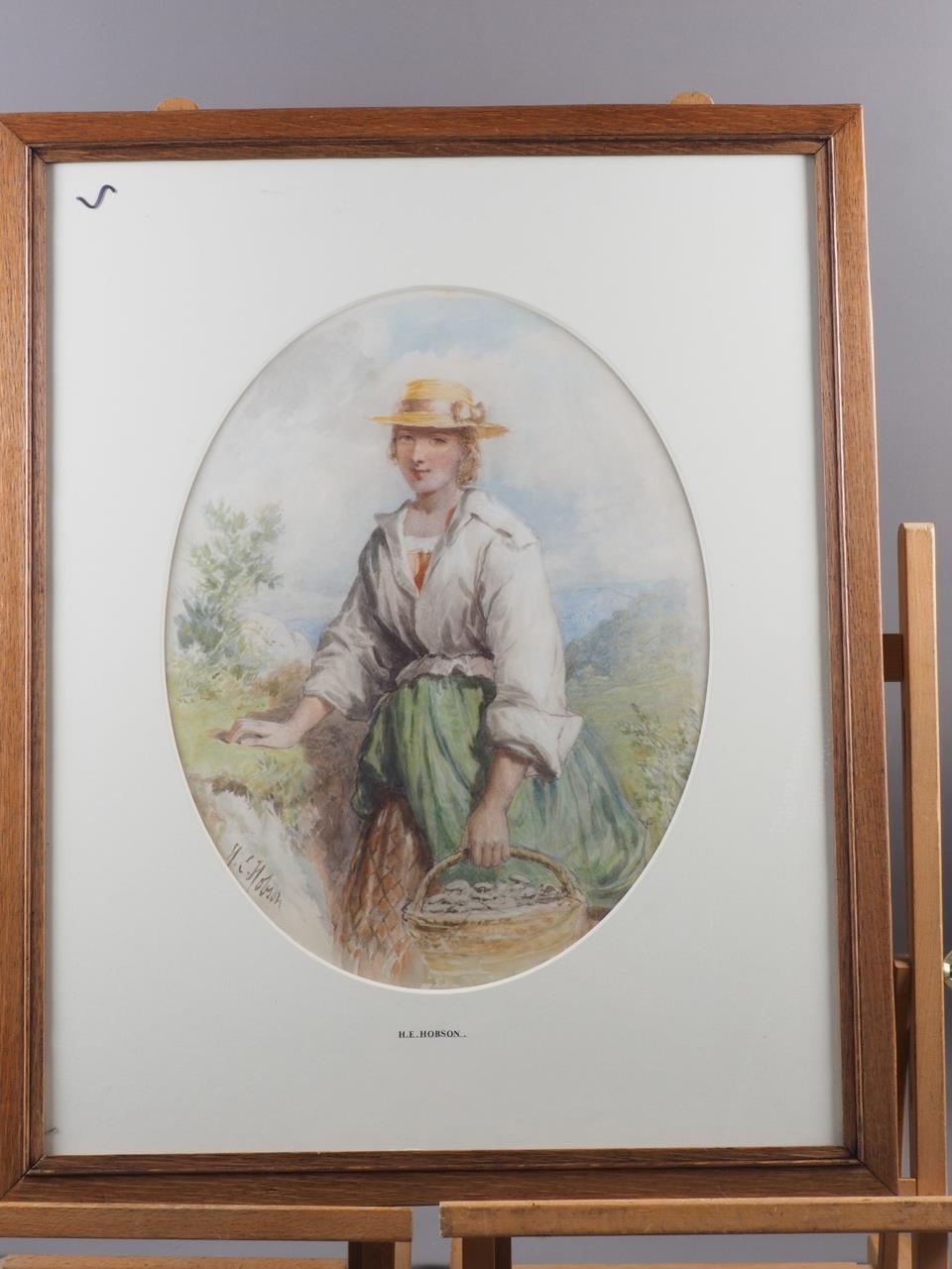 H E Hobson: watercolours, "A Few Mushrooms", 16 1/4" x 12 1/2", in oval mount and oak strip frame