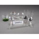 Two glass retorts, a quantity of chemistry glass flasks, five Art Deco pedestal glasses and other