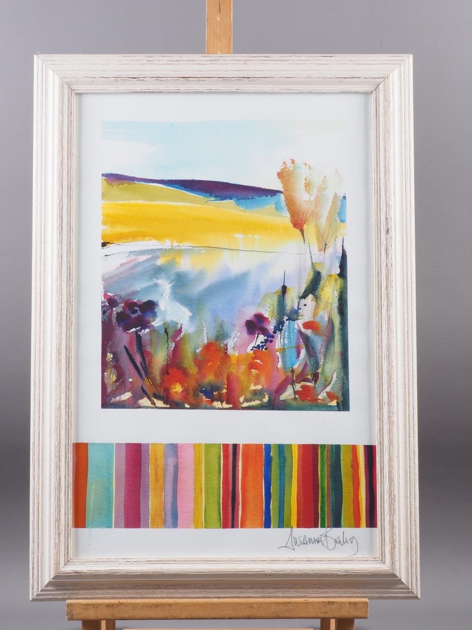 Susanna Bailey: watercolours, landscape and colour bands, 19 1/4" x 11 1/4", in painted strip frame,