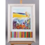 Susanna Bailey: watercolours, landscape and colour bands, 19 1/4" x 11 1/4", in painted strip frame,