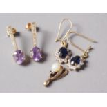 A pair of yellow metal, amethyst and diamond drop earrings, a pair of yellow metal drop earrings,