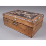 A walnut and mother-of-pearl inlaid writing box with bird and foliage decoration, 12 3/4" wide x 8