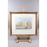 English mid 19th century school: watercolours, coastal scene with mountains, 9 1/2" x 13 1/2", in
