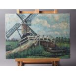 A Lenvelde?: oil on canvas, Dutch figure in a boat by a windmill 12 1/2" x 17 1/2", unframed