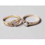 A 9ct gold and diamond solitaire ring, size N, and an 8ct gold and diamond three-stone dress ring,