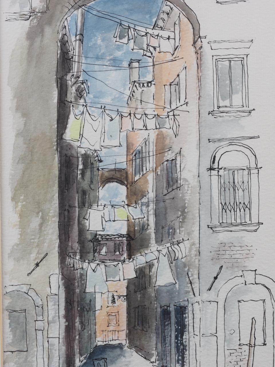 Stuart Rose, '86: pen and wash study, "C Collari", Venetian scene, 13" x 7", in strip frame - Image 2 of 4