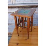 An oak tile top jardiniere stand, 11" square x 18" high, a walnut two-tier occasional table,