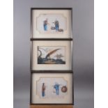 A pair of Chinese watercolours on pith paper, merchants, 6" x 9", in black strip frames, and a