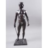 After Oscar Bodin: cold cast patinated bronze, "Nude Fencer", on square stand, 11 3/4" high