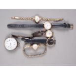 A lady's Zenith 18ct gold cased wristwatch, four other lady's wristwatches and a white metal fob