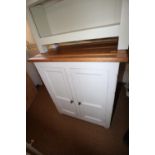 A painted pine side cupboard with pine top enclosed two doors, 26" wide x 15" deep x 28 1/2" high