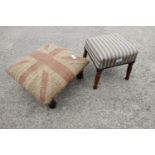 An oak framed stool, upholstered in a Union Jack patterned fabric, on turned supports, 16" square