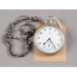 An Omega silver plated cased pocket watch and white metal chain