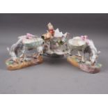 A pair of Meissen salts, formed as goats with baskets, 5" high, and a similar spill vase with exotic