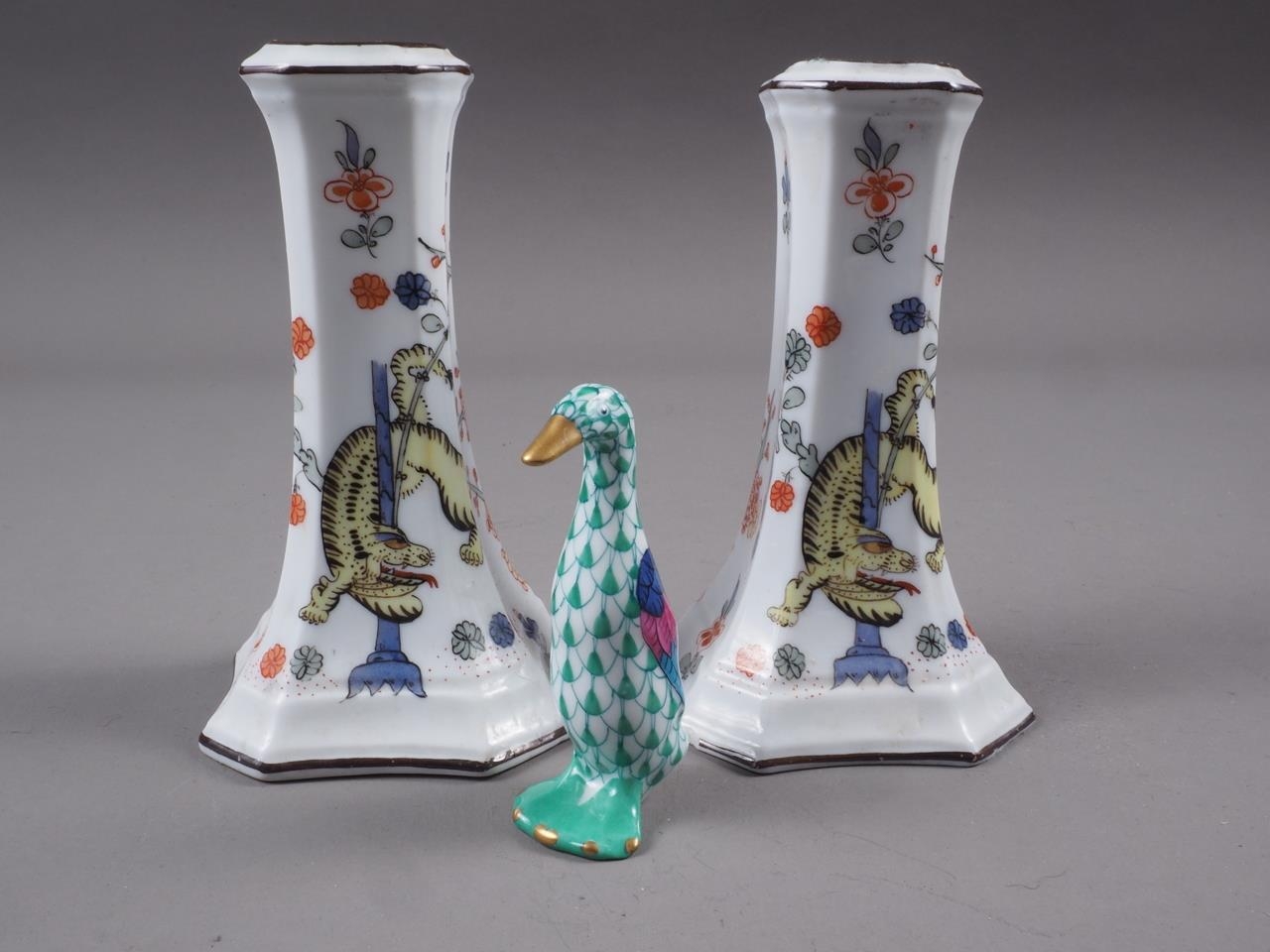 A pair of Meissen candlesticks, decorated with mythical beast and flowers in a landscape, 4" high, - Image 3 of 3