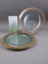 A set of four gilt and enamel decorated glass platters, 14" dia, and a Boda glass landscape vase