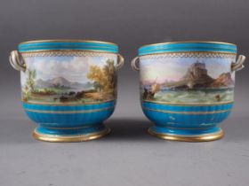 A pair of 19th century two-handled cachepots, 6 1/2" high, one decorated with figures in a