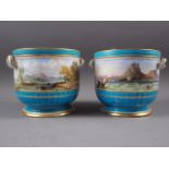 A pair of 19th century two-handled cachepots, 6 1/2" high, one decorated with figures in a