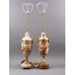 A pair of onyx and gilt brass mounted Louis XVI design two-handled table lamps and shades, 18" high