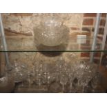 A quantity of clear glassware, including bowls, pedestal glasses, an oil/vinegar bottle and other