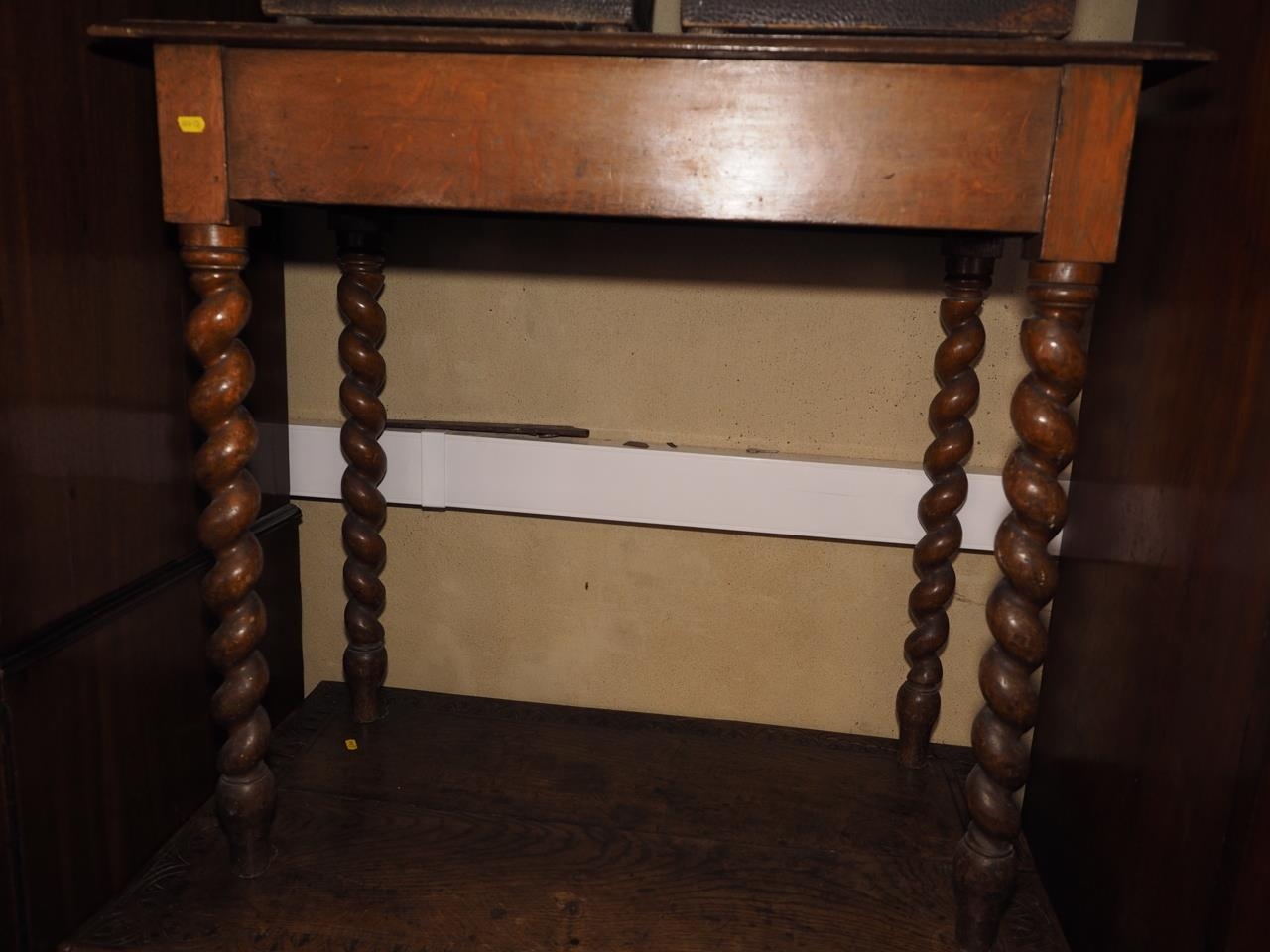 A 19th century oak side table, on barley twist supports, 35" wide x 19" deep x 32 1/2" high