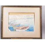 W D Cobbett: watercolours, Mediterranean harbour scene, 10 3/4" x 14 3/4", in grained frame