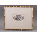 A pair of Chinese silk embroidery panels, ducks and storks, 2 3/4" x 3 5/8", in oval mount and