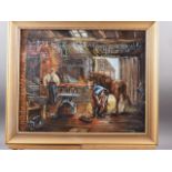 Jean Wildman, 1979: oil on canvas faced board, blacksmith's workshop, 17 1/4" x 21 1/4", in gilt