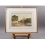 R P Leitch: watercolours, ruined castle by a river, 8" x 12 1/2", in wash line mount and gilt